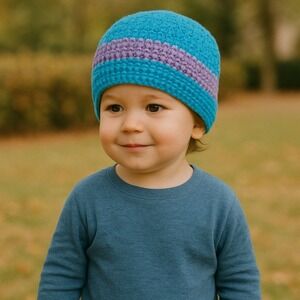 Handmade Teal/Purple Crochet Toddler Hat 1–3 Years Cozy Beanie Colorblock Stripe